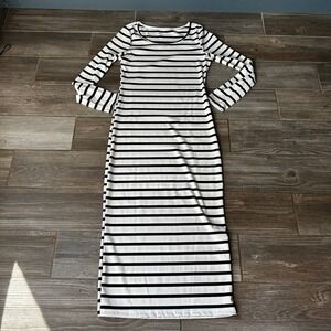 Striped Bodycon Midi Dress Long Sleeve Casual Ribbed Knit Dress Women's Medium